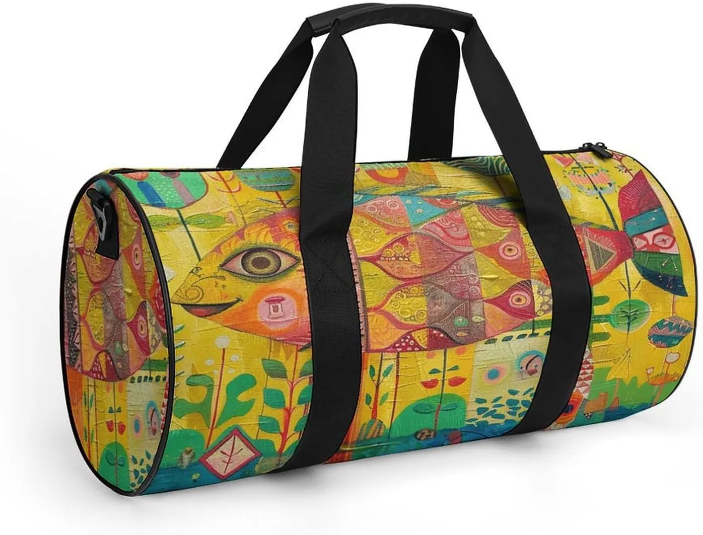 Gym Bag Folk Style Fish Duffel Bag for Men Women Overnight Bag with Shoe Compartment Workout Bags