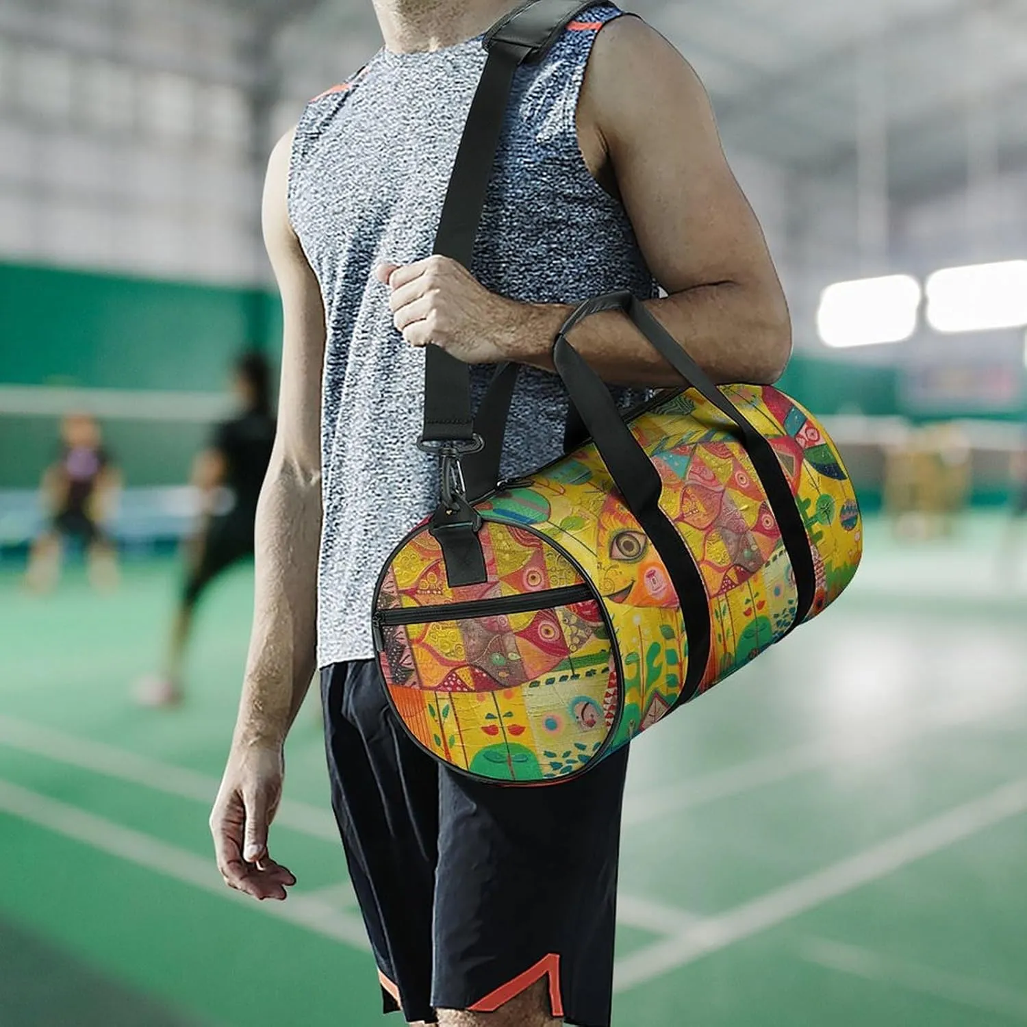 Gym Bag Folk Style Fish Duffel Bag for Men Women Overnight Bag with Shoe Compartment Workout Bags