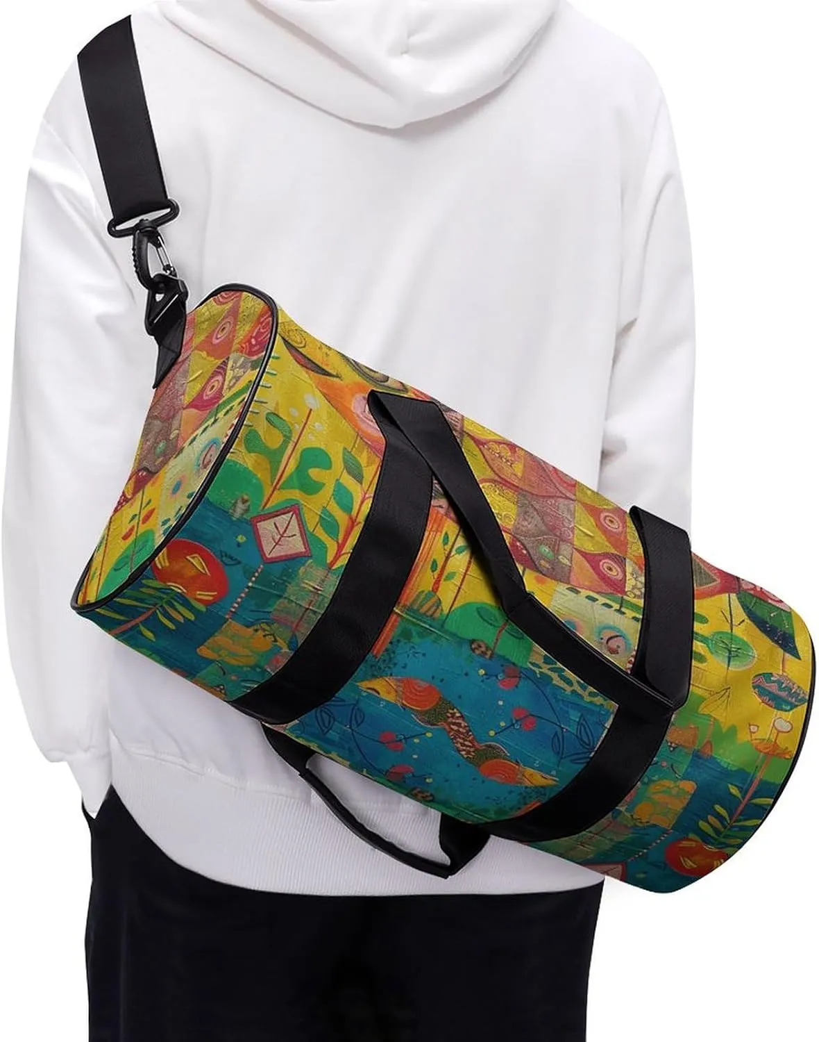 Gym Bag Folk Style Fish Duffel Bag for Men Women Overnight Bag with Shoe Compartment Workout Bags