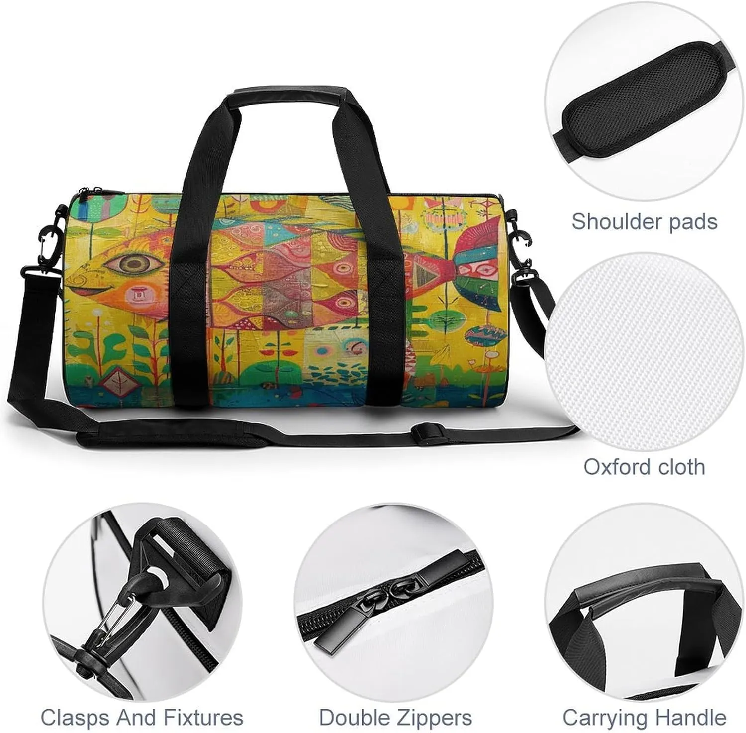 Gym Bag Folk Style Fish Duffel Bag for Men Women Overnight Bag with Shoe Compartment Workout Bags