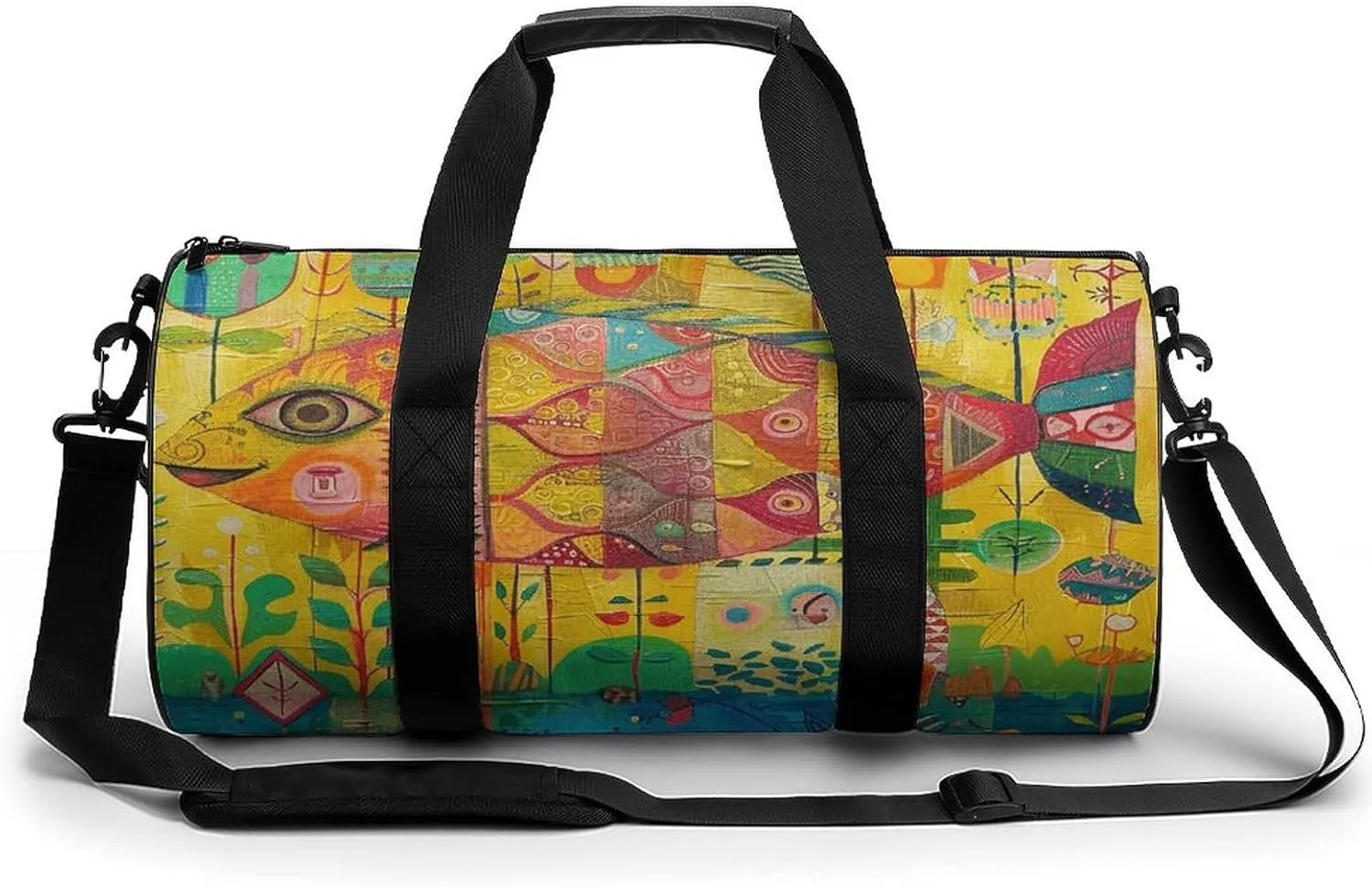Gym Bag Folk Style Fish Duffel Bag for Men Women Overnight Bag with Shoe Compartment Workout Bags