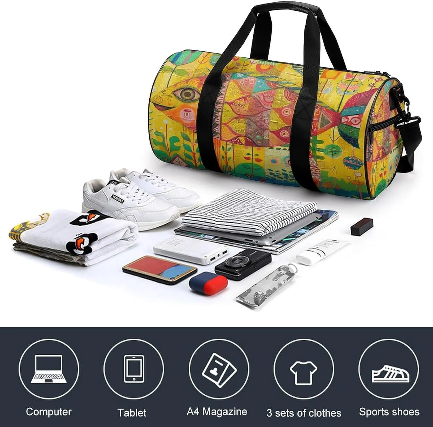Gym Bag Folk Style Fish Duffel Bag for Men Women Overnight Bag with Shoe Compartment Workout Bags