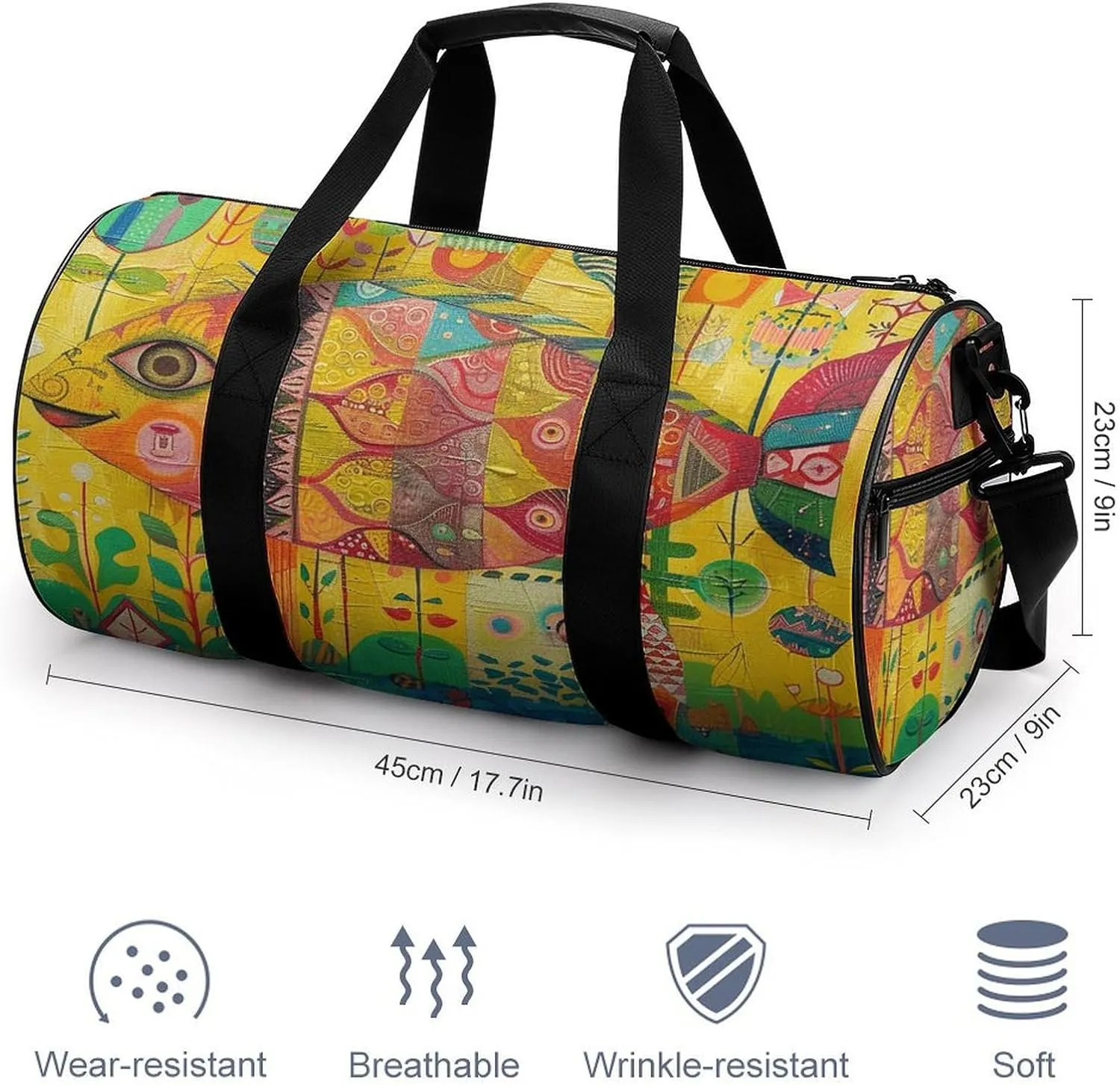 Gym Bag Folk Style Fish Duffel Bag for Men Women Overnight Bag with Shoe Compartment Workout Bags