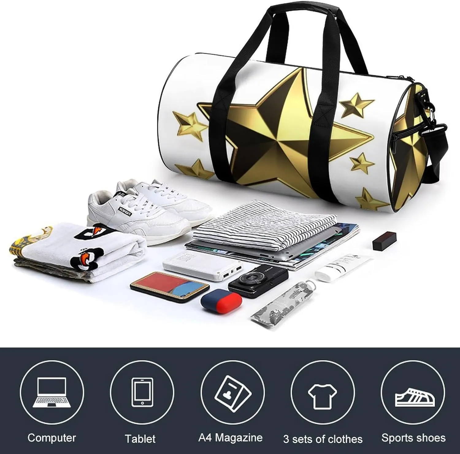Gym Bag Gold Star Duffel Bag for Men Women Overnight Bag with Shoe Compartment Workout Bags