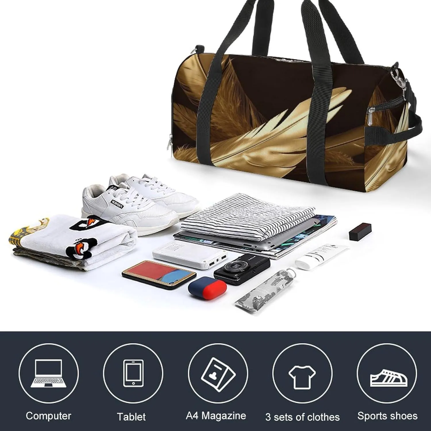 Gym Bag Golden Feathers Duffel Bag for Men Women Overnight Bag with Shoe Compartment Workout Bags