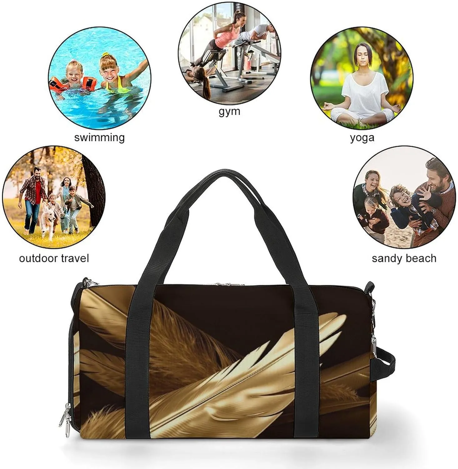 Gym Bag Golden Feathers Duffel Bag for Men Women Overnight Bag with Shoe Compartment Workout Bags