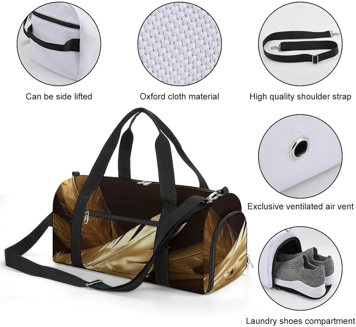 Gym Bag Golden Feathers Duffel Bag for Men Women Overnight Bag with Shoe Compartment Workout Bags