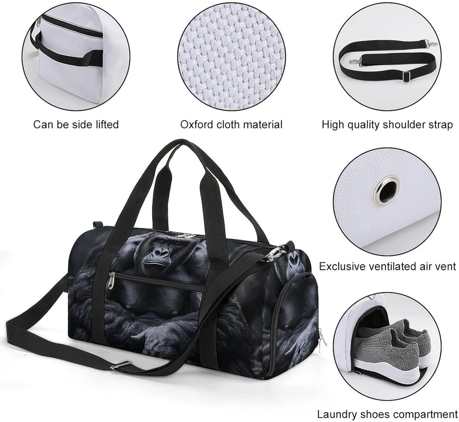 Gym Bag Gorilla on The Ground Duffel Bag for Men Women Overnight Bag with Shoe Compartment Workout Bags
