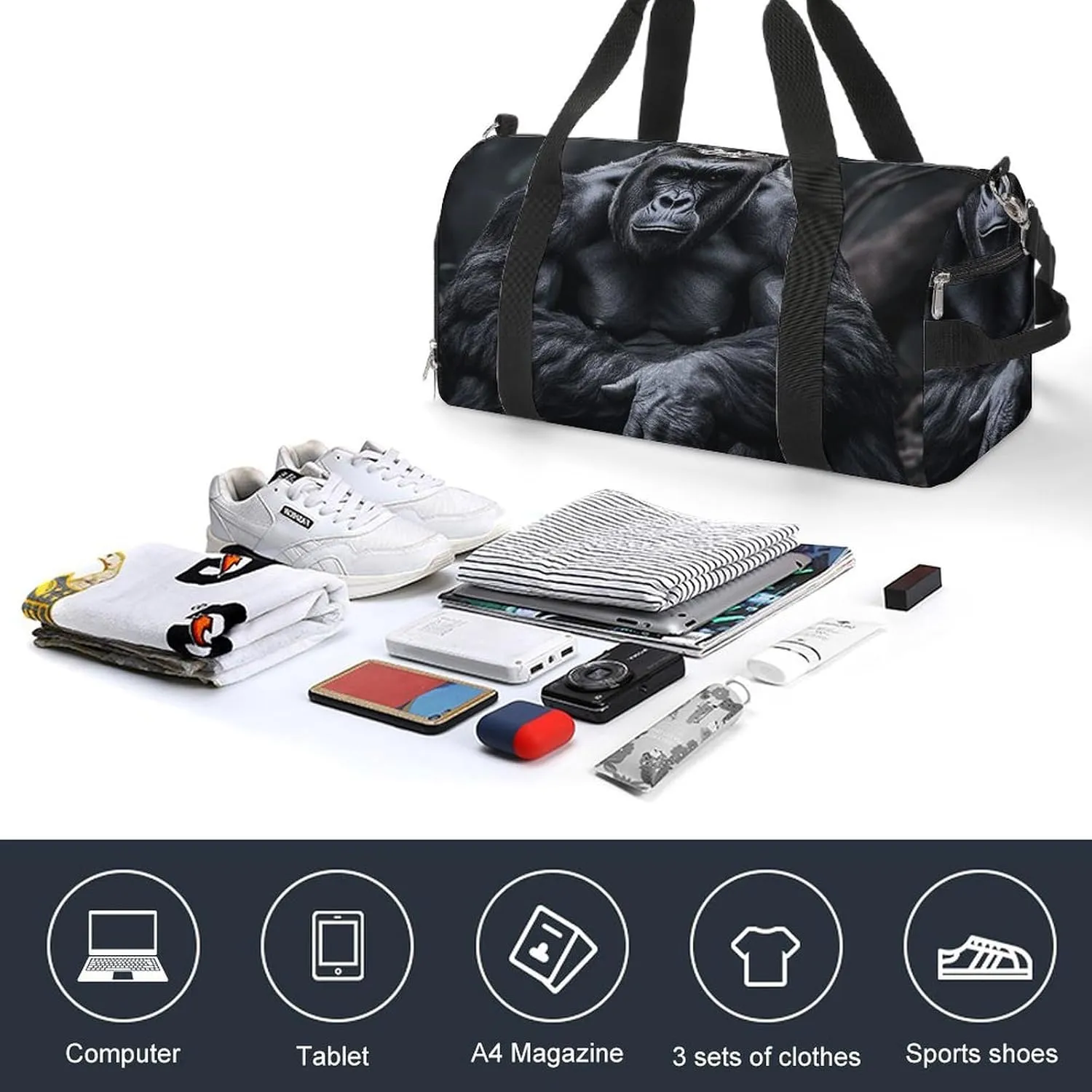 Gym Bag Gorilla on The Ground Duffel Bag for Men Women Overnight Bag with Shoe Compartment Workout Bags