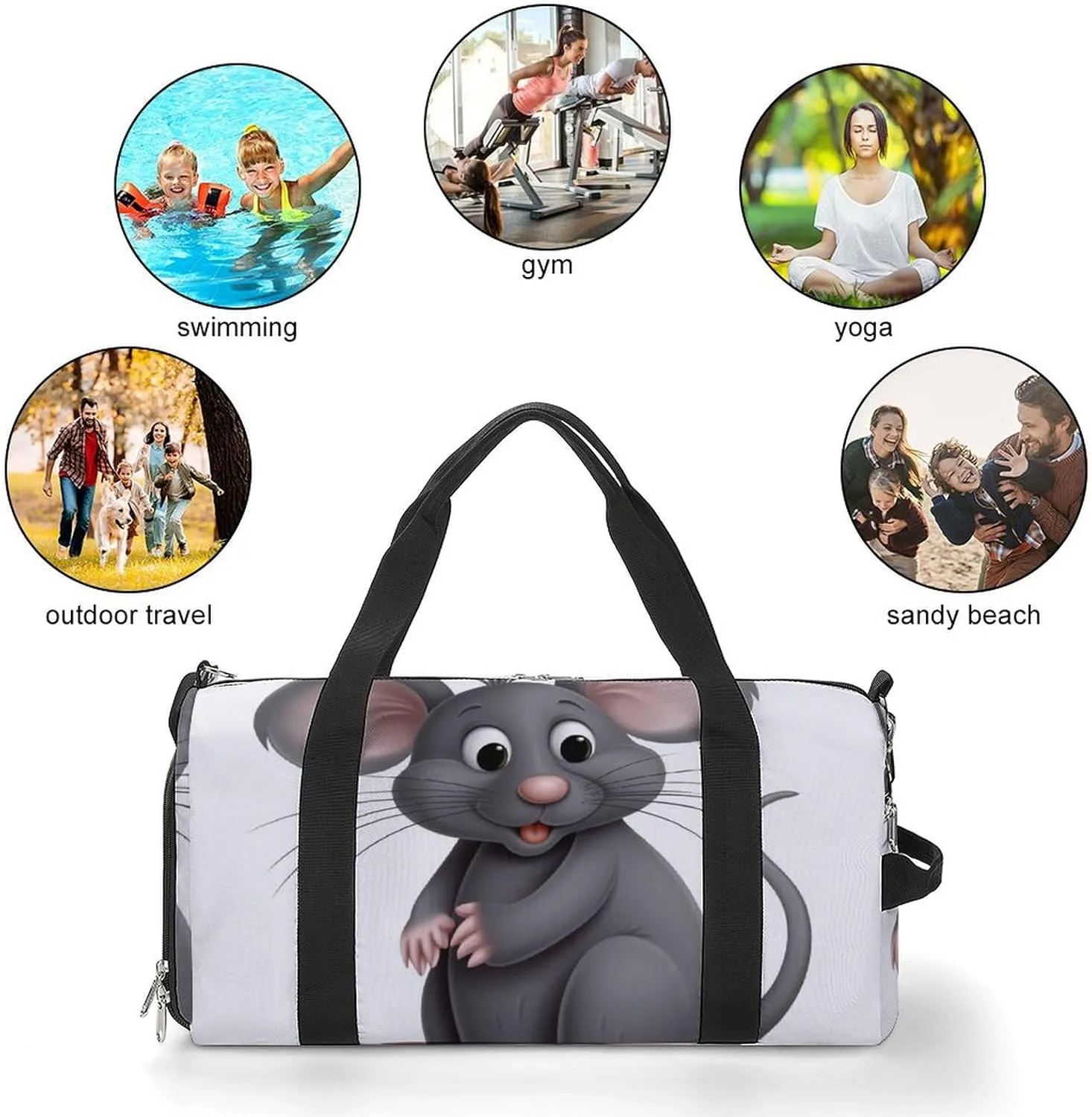 Gym Bag Gray Animals Duffel Bag for Men Women Overnight Bag with Shoe Compartment Workout Bags