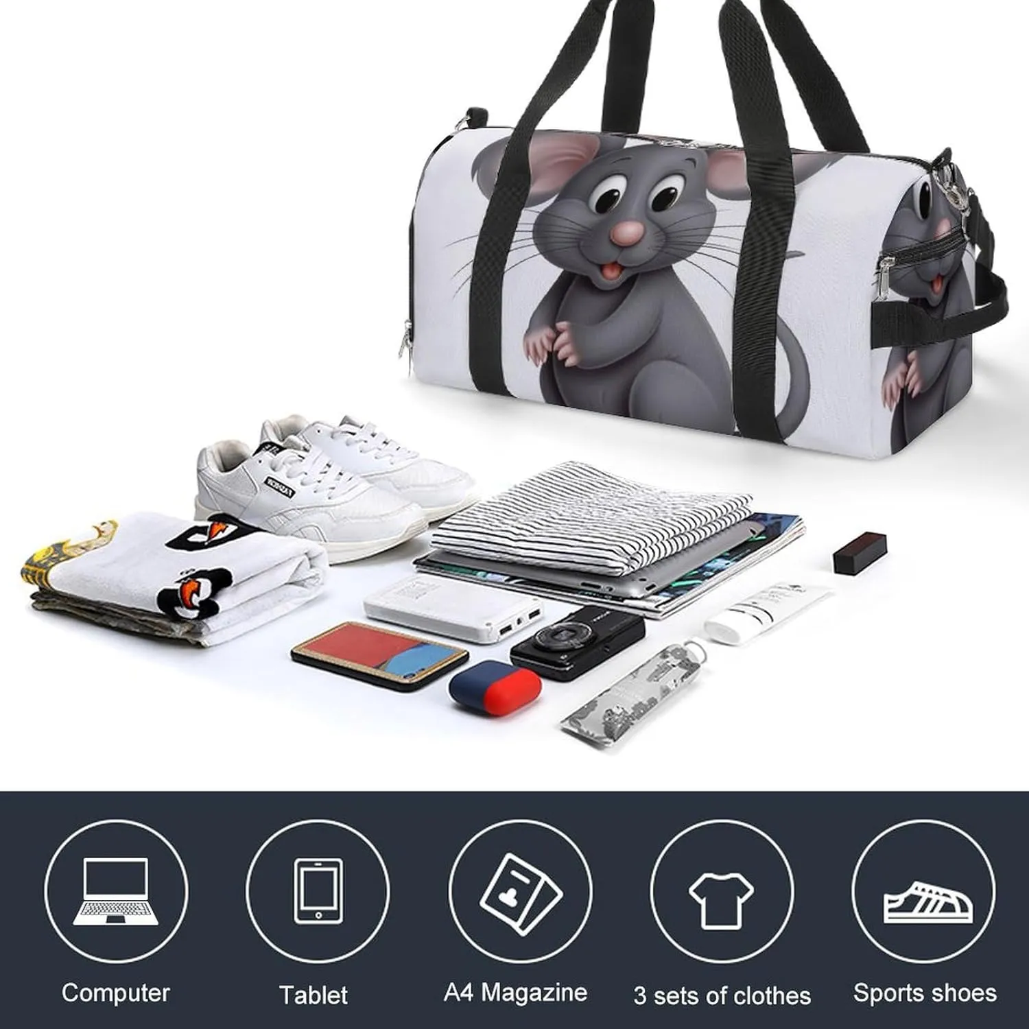 Gym Bag Gray Animals Duffel Bag for Men Women Overnight Bag with Shoe Compartment Workout Bags