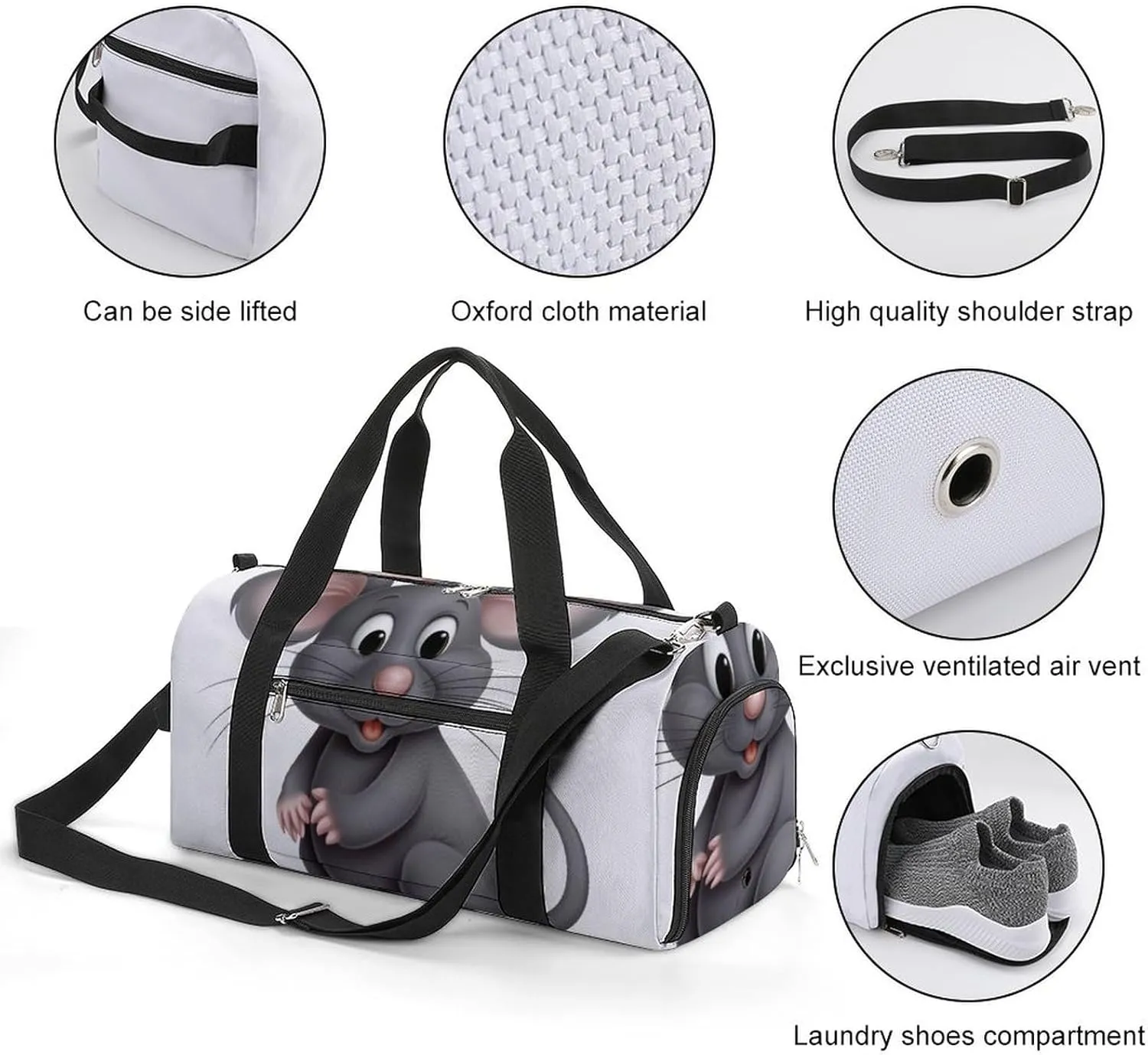 Gym Bag Gray Animals Duffel Bag for Men Women Overnight Bag with Shoe Compartment Workout Bags