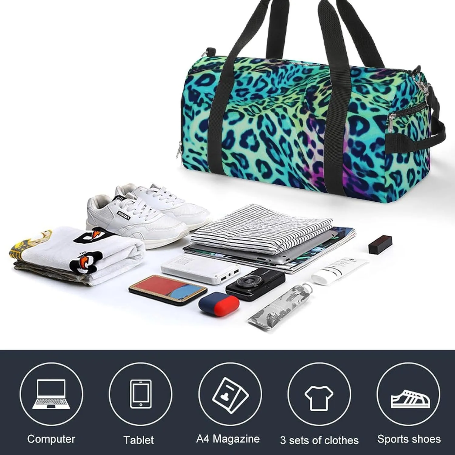 Gym Bag Green Leopard Duffel Bag for Men Women Overnight Bag with Shoe Compartment Workout Bags