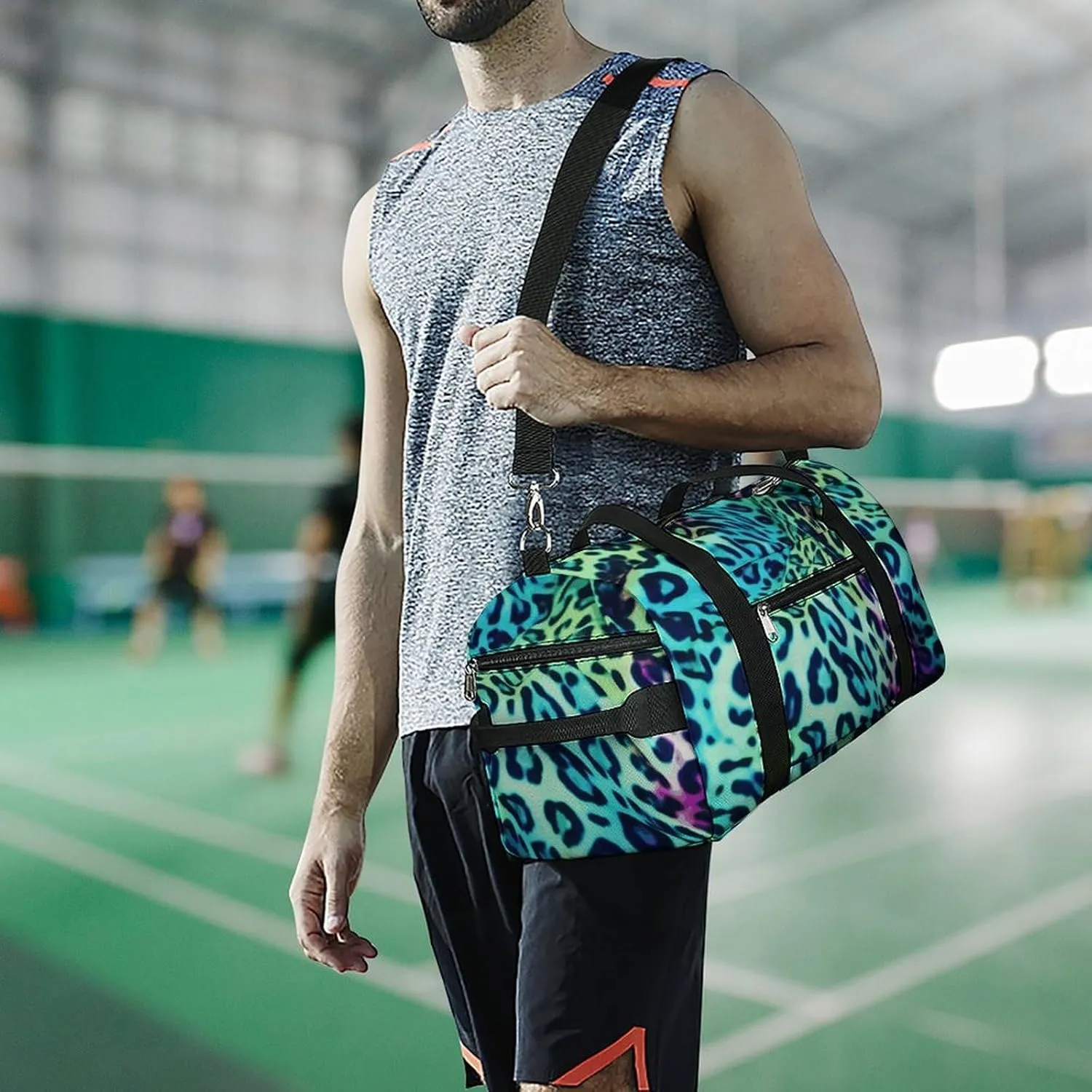 Gym Bag Green Leopard Duffel Bag for Men Women Overnight Bag with Shoe Compartment Workout Bags