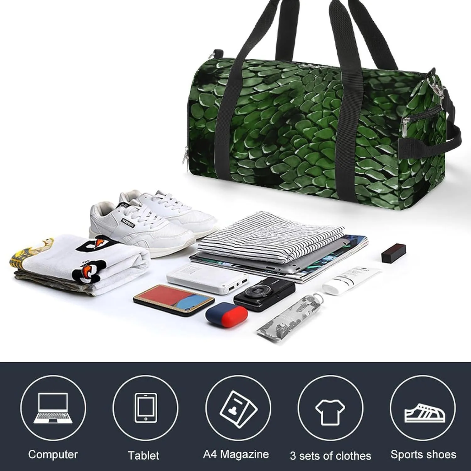 Gym Bag Green Snake Duffel Bag for Men Women Overnight Bag with Shoe Compartment Workout Bags