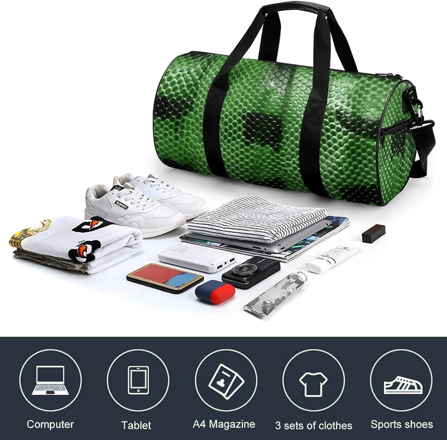 Gym Bag Green Snakeskin Duffel Bag for Men Women Overnight Bag with Shoe Compartment Workout Bags