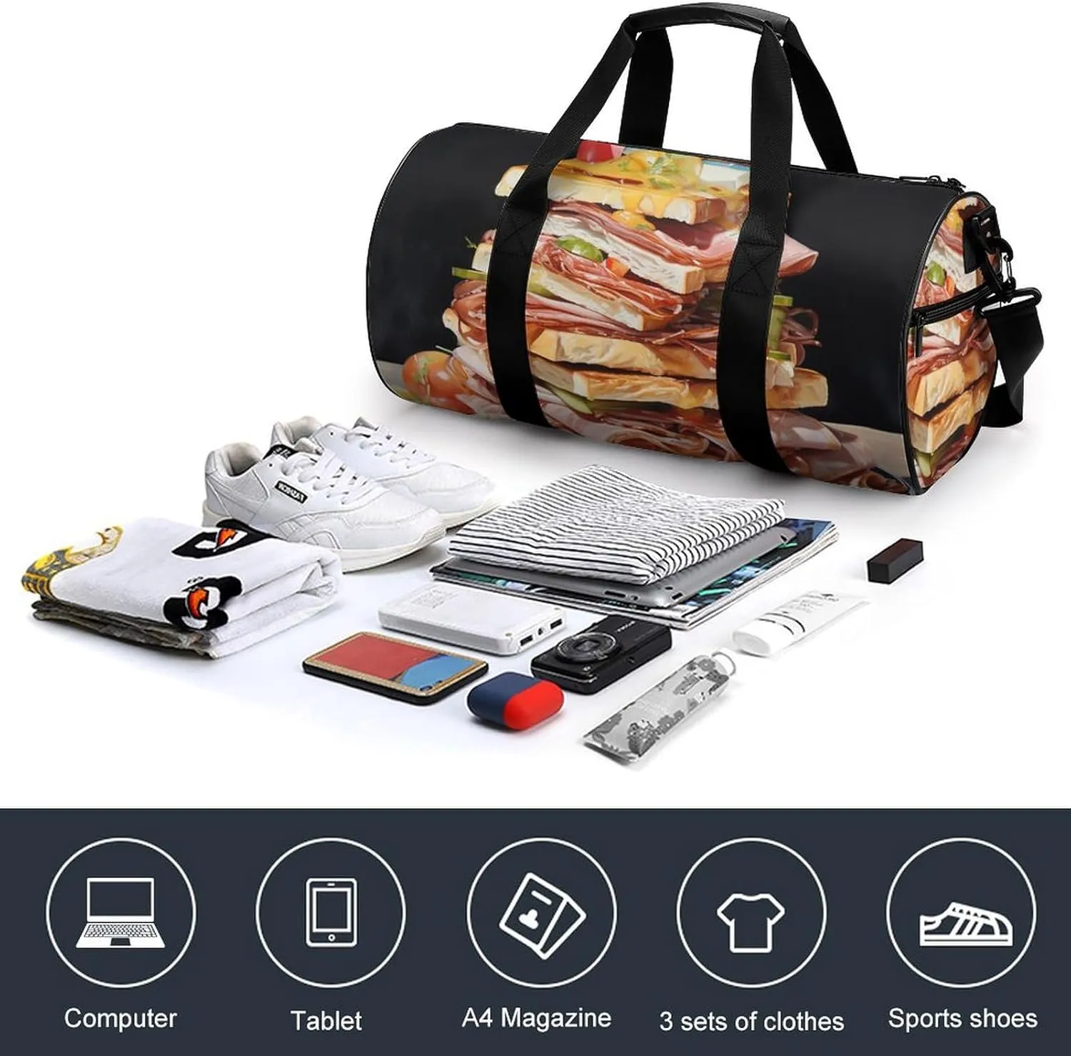 Gym Bag Ham Toast Duffel Bag for Men Women Overnight Bag with Shoe Compartment Workout Bags