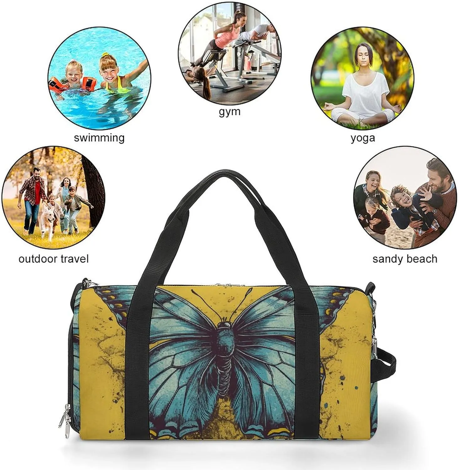 Gym Bag Hand Drawn Butterfly Duffel Bag for Men Women Overnight Bag with Shoe Compartment Workout Bags
