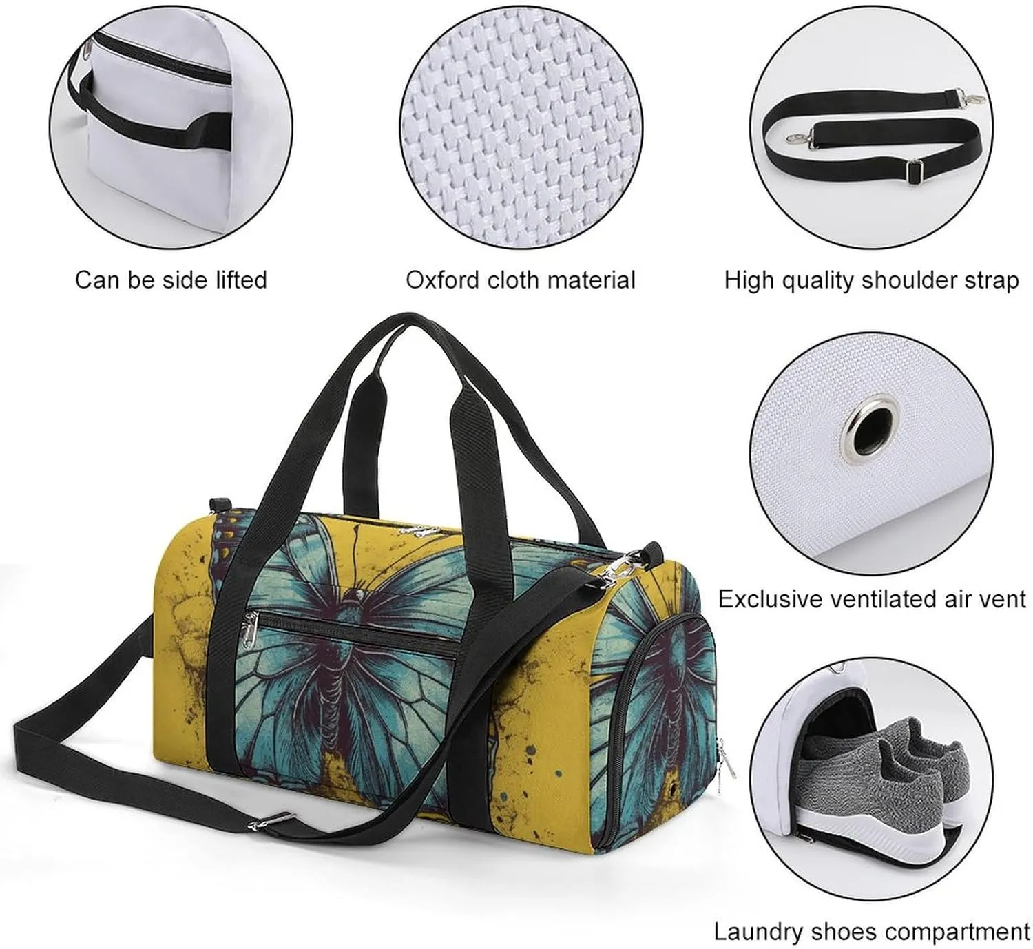Gym Bag Hand Drawn Butterfly Duffel Bag for Men Women Overnight Bag with Shoe Compartment Workout Bags