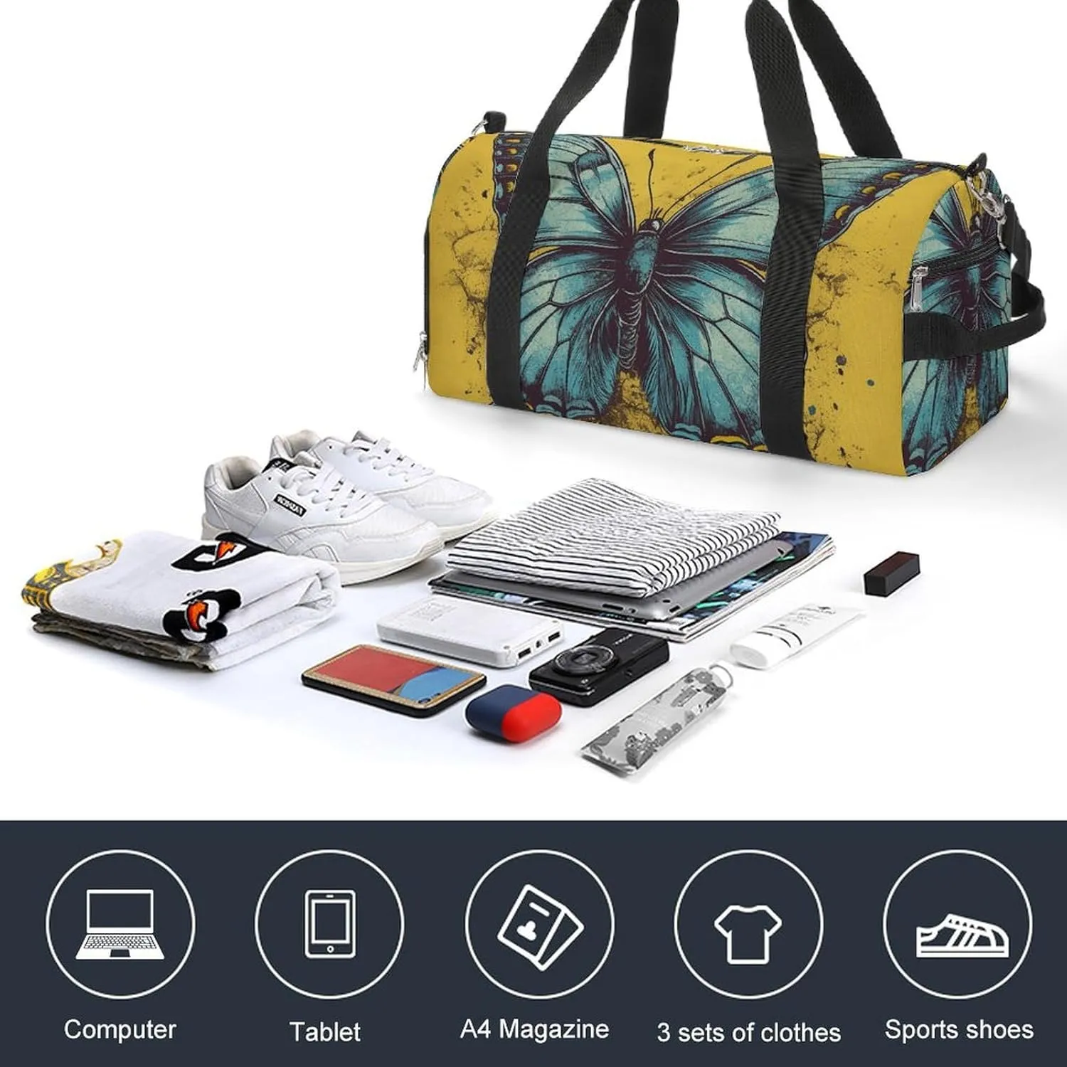 Gym Bag Hand Drawn Butterfly Duffel Bag for Men Women Overnight Bag with Shoe Compartment Workout Bags