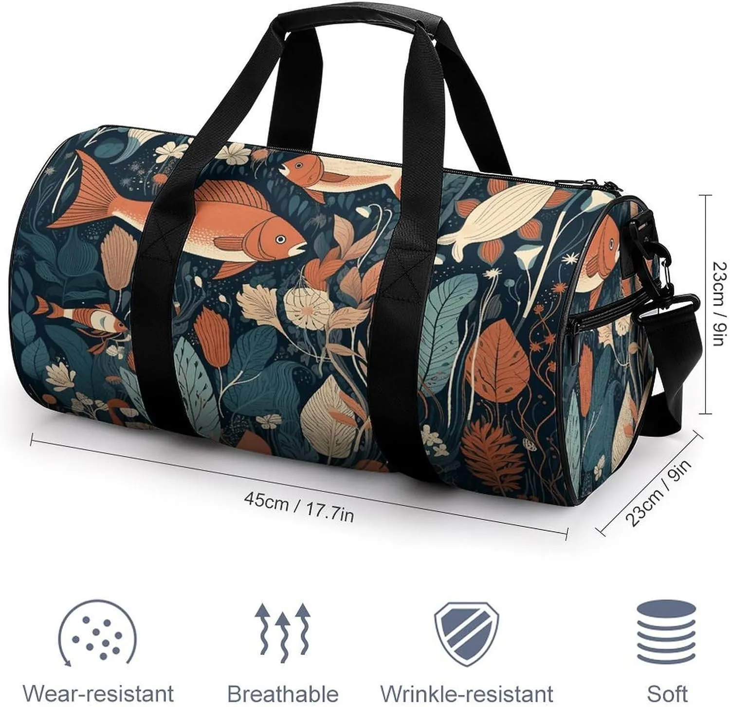 Gym Bag Hand Drawn Small Fish Duffel Bag for Men Women Overnight Bag with Shoe Compartment Workout Bags