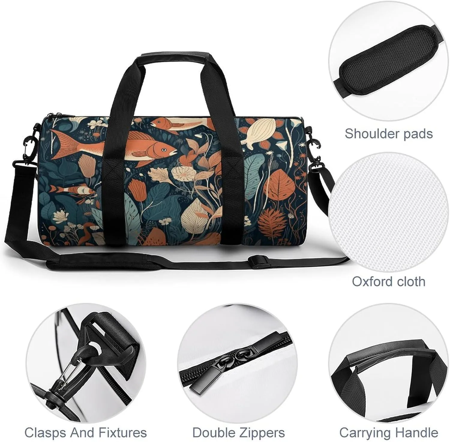 Gym Bag Hand Drawn Small Fish Duffel Bag for Men Women Overnight Bag with Shoe Compartment Workout Bags