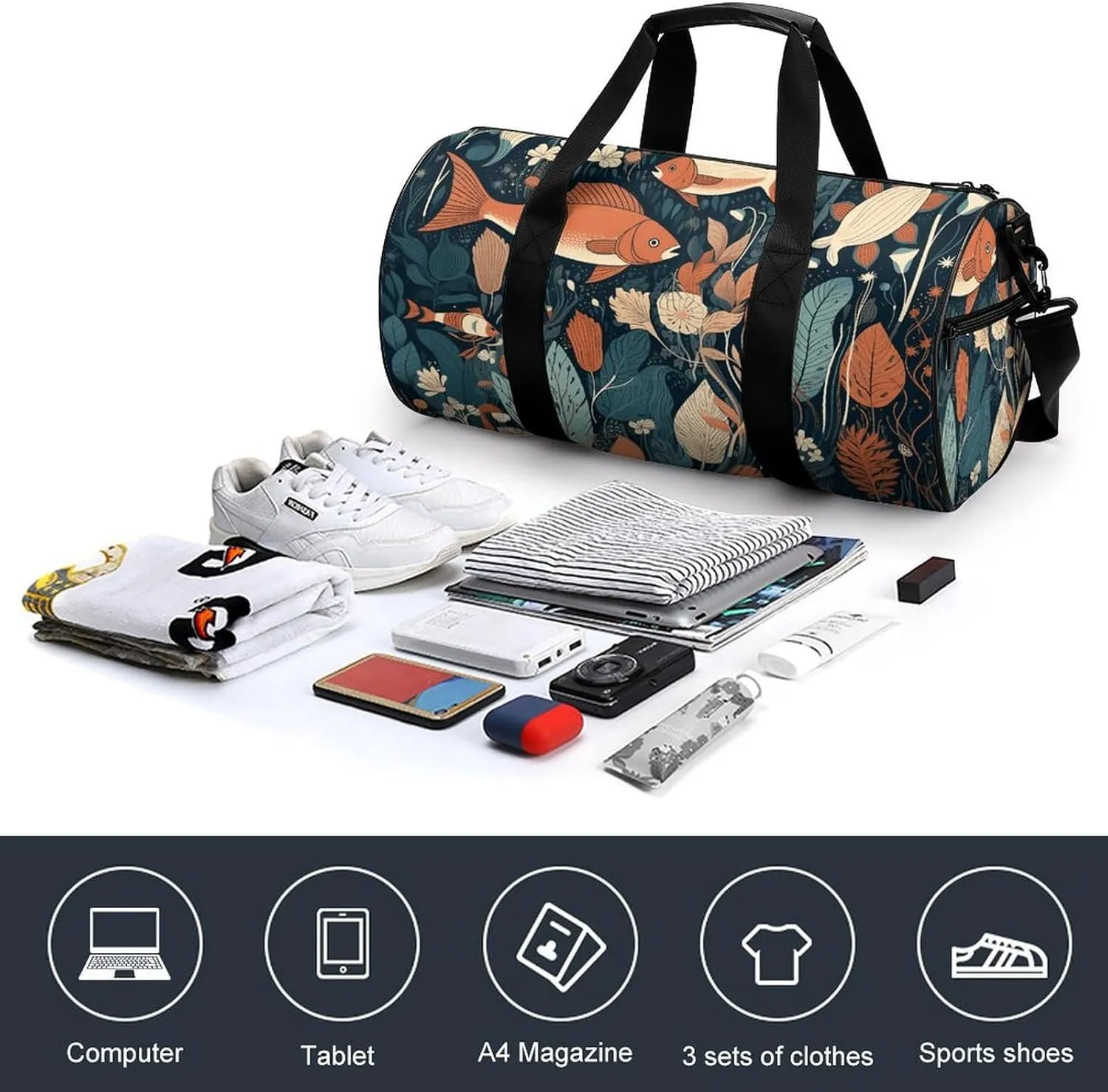 Gym Bag Hand Drawn Small Fish Duffel Bag for Men Women Overnight Bag with Shoe Compartment Workout Bags