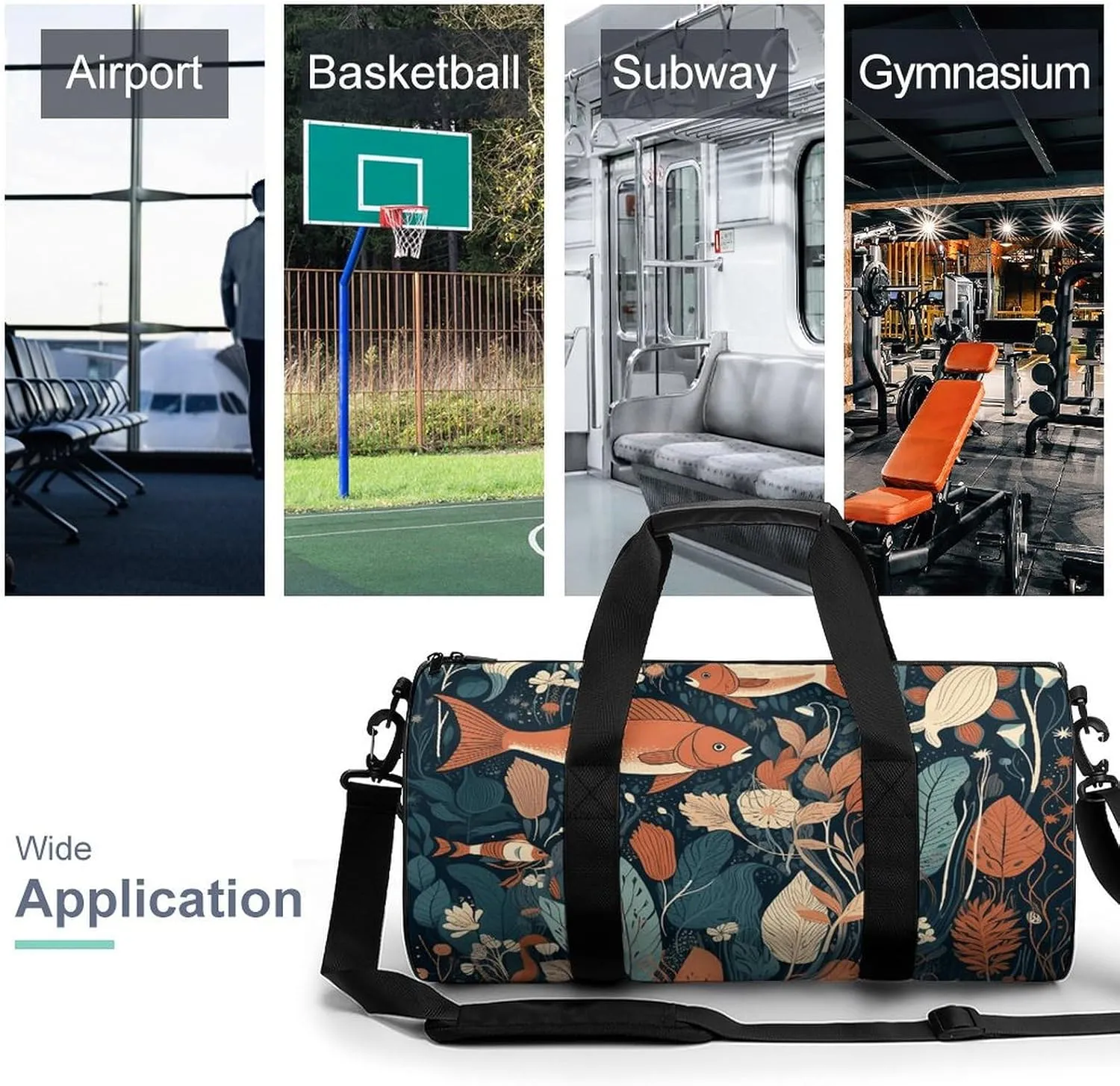 Gym Bag Hand Drawn Small Fish Duffel Bag for Men Women Overnight Bag with Shoe Compartment Workout Bags