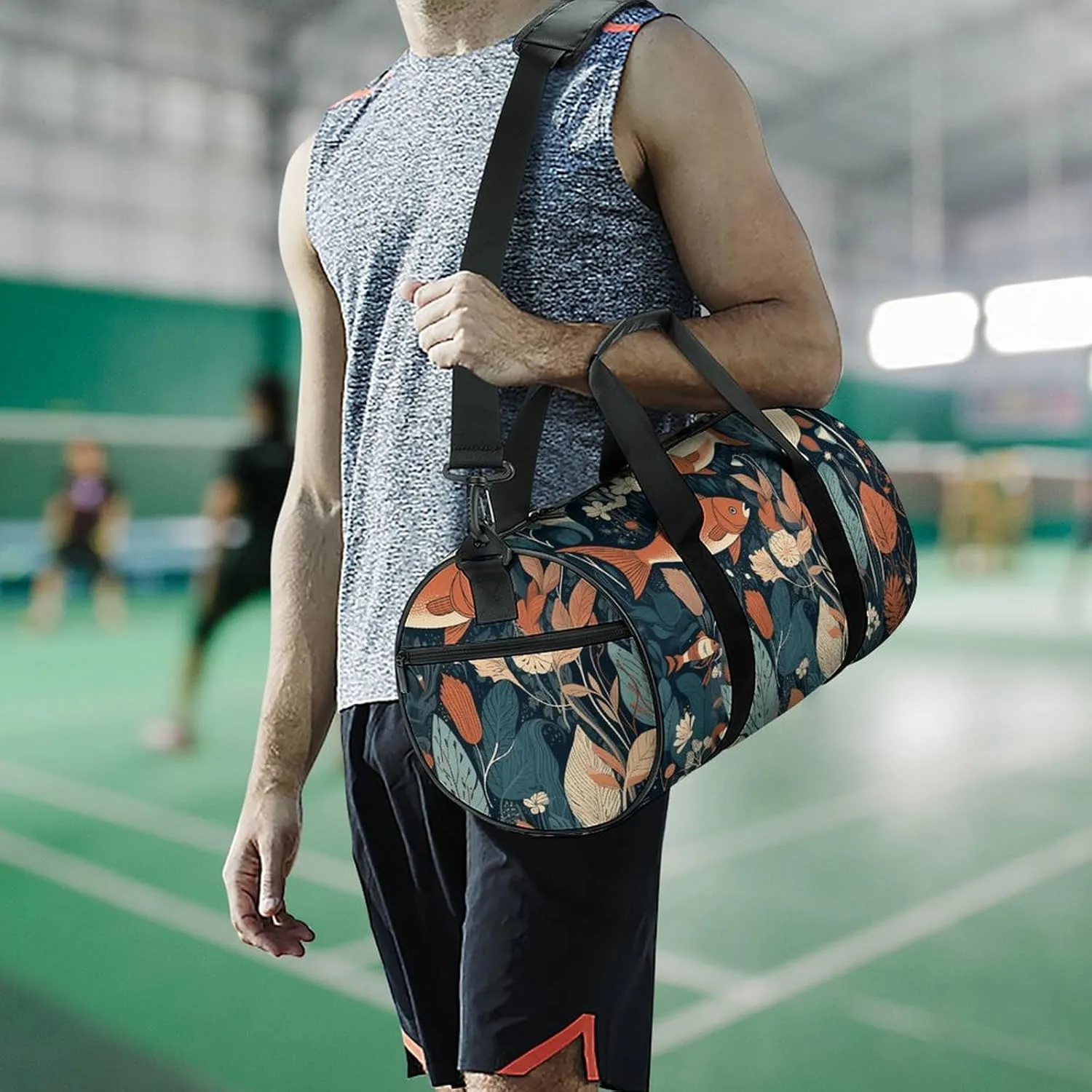 Gym Bag Hand Drawn Small Fish Duffel Bag for Men Women Overnight Bag with Shoe Compartment Workout Bags