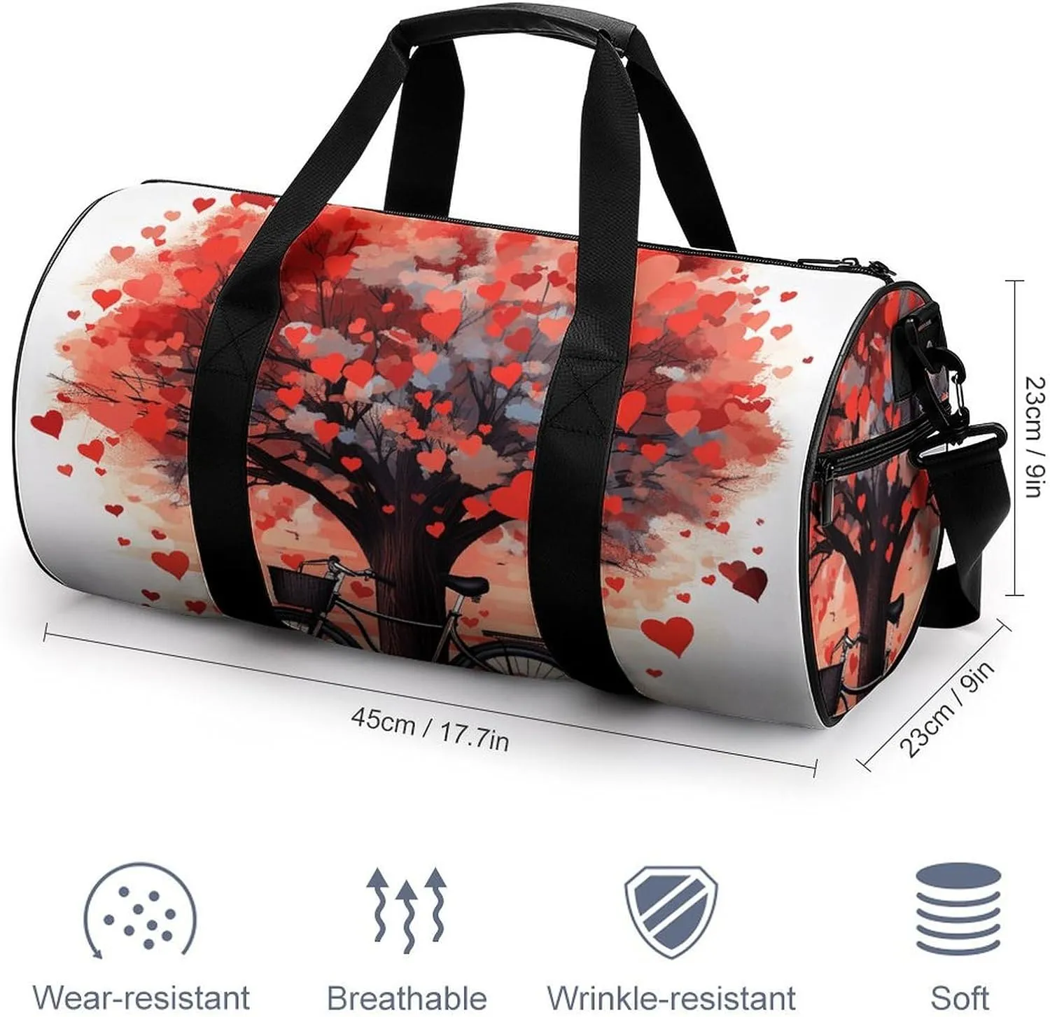 Gym Bag Heart Tree Bicycle Duffel Bag for Men Women Overnight Bag with Shoe Compartment Workout Bags