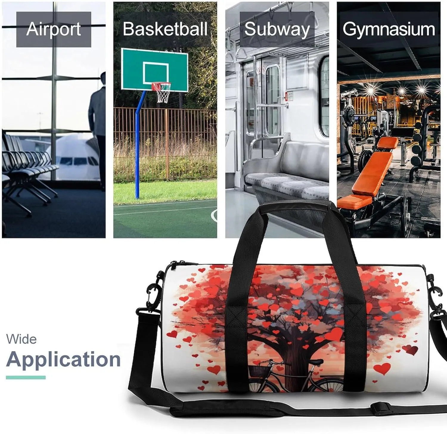 Gym Bag Heart Tree Bicycle Duffel Bag for Men Women Overnight Bag with Shoe Compartment Workout Bags