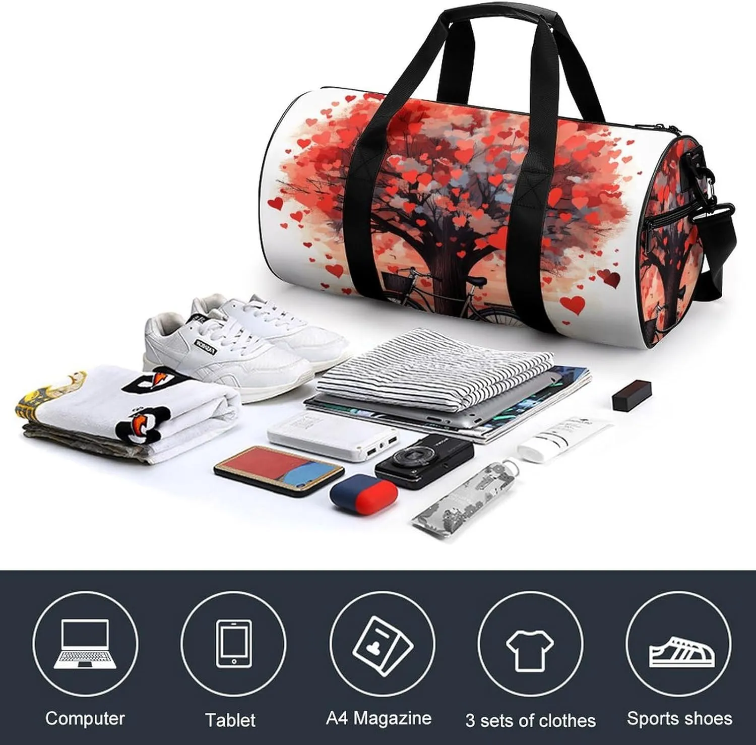 Gym Bag Heart Tree Bicycle Duffel Bag for Men Women Overnight Bag with Shoe Compartment Workout Bags