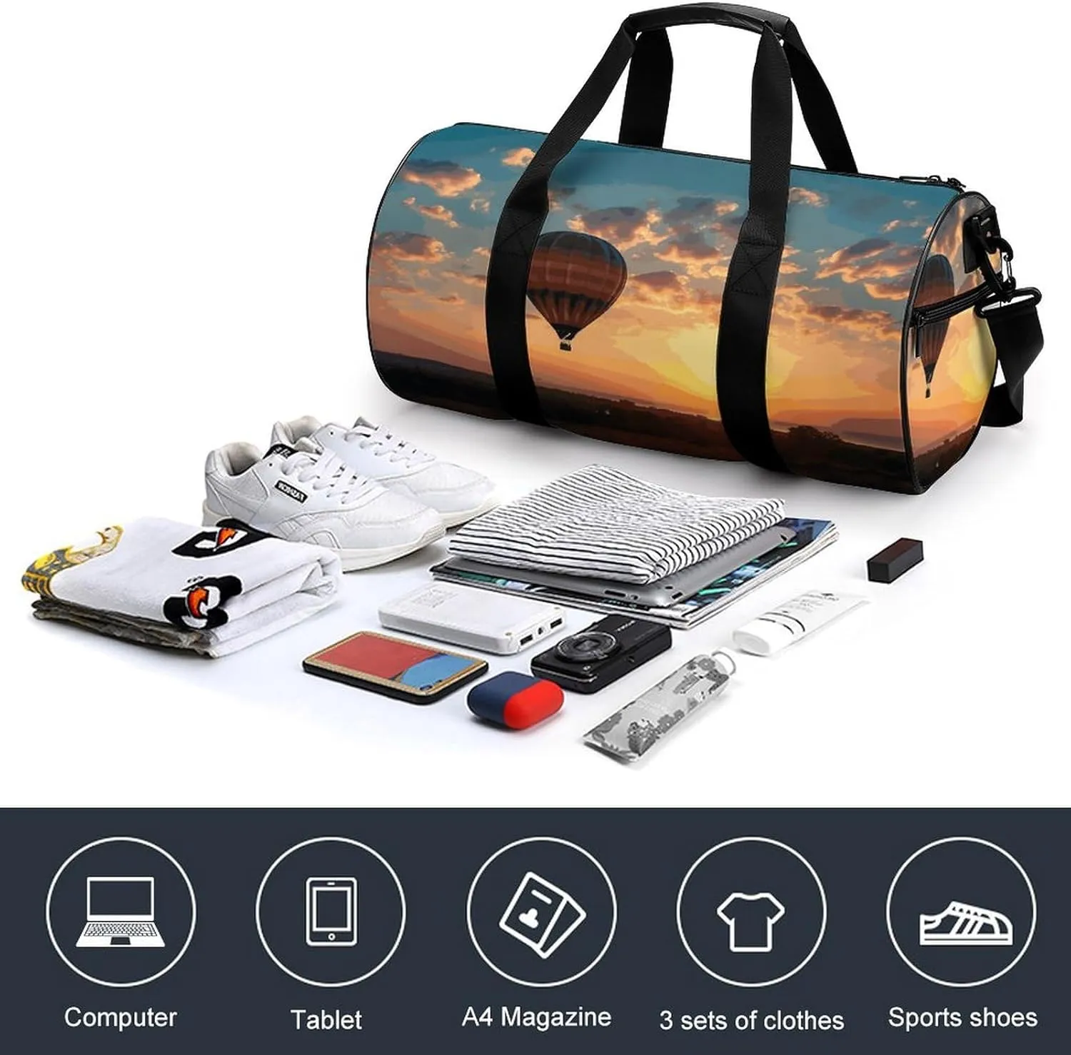 Gym Bag Hot Air Balloon Sunset Duffel Bag for Men Women Overnight Bag with Shoe Compartment Workout Bags