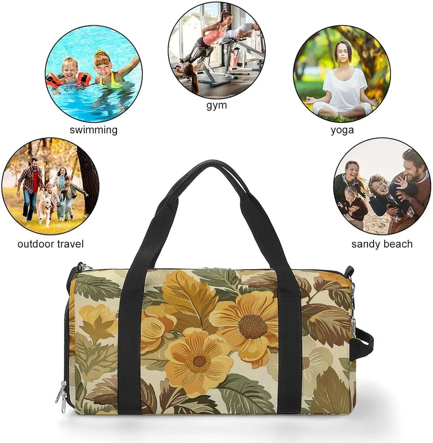 Gym Bag Large Flowers And Leaves Duffel Bag for Men Women Overnight Bag with Shoe Compartment Workout Bags