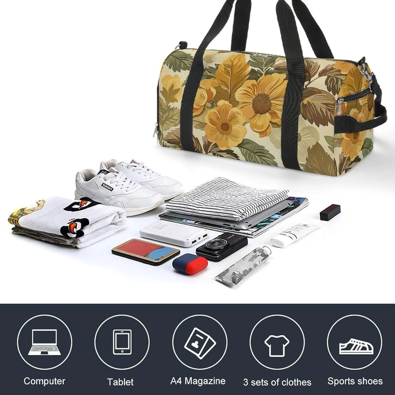 Gym Bag Large Flowers And Leaves Duffel Bag for Men Women Overnight Bag with Shoe Compartment Workout Bags