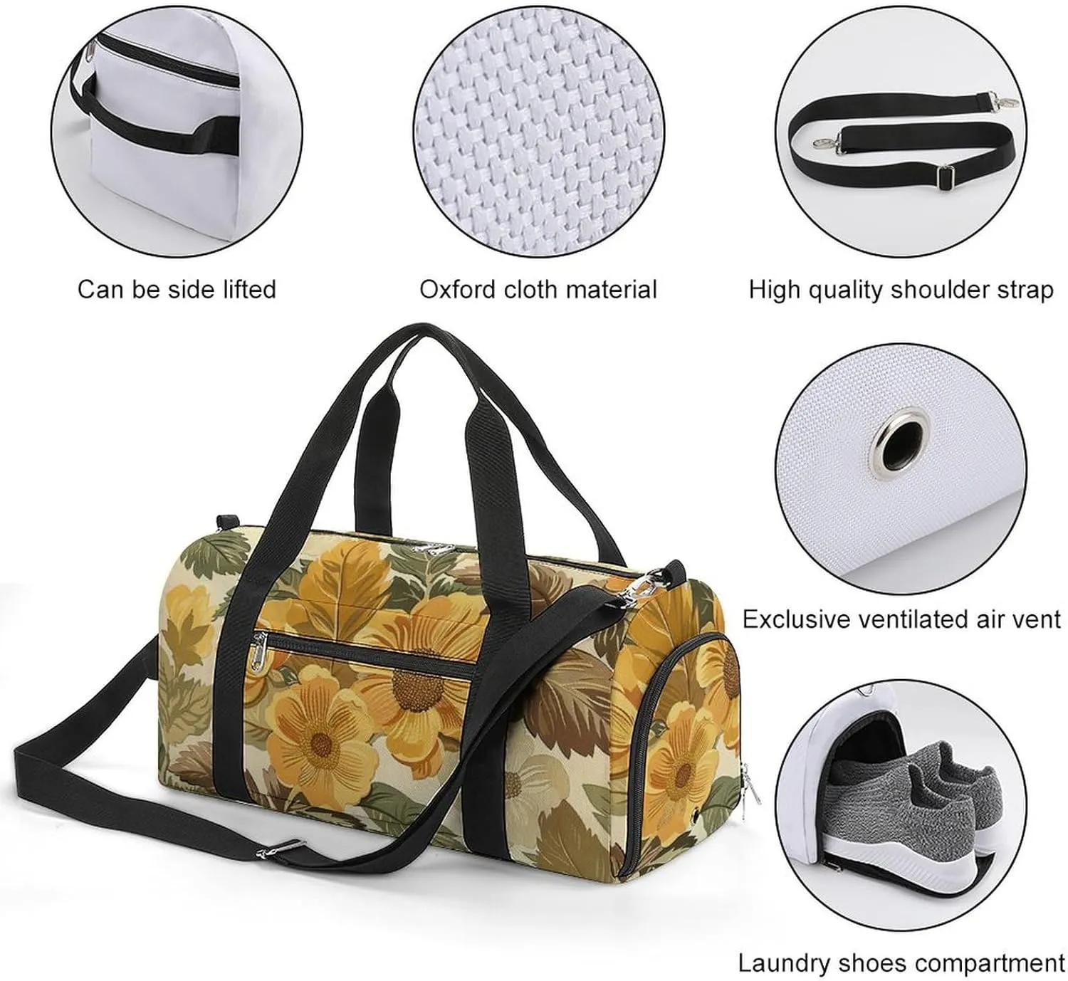 Gym Bag Large Flowers And Leaves Duffel Bag for Men Women Overnight Bag with Shoe Compartment Workout Bags