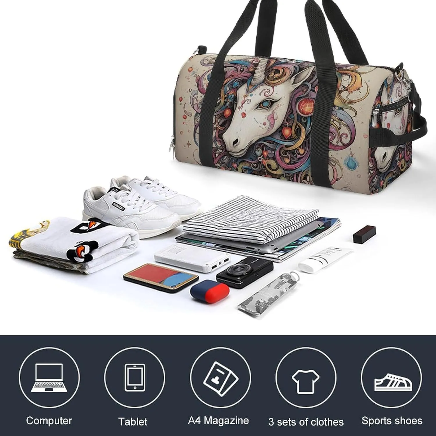 Gym Bag Magic Horse And Swirl Duffel Bag for Men Women Overnight Bag with Shoe Compartment Workout Bags