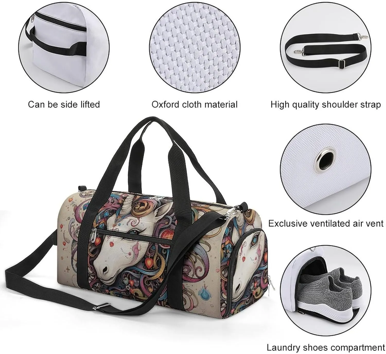 Gym Bag Magic Horse And Swirl Duffel Bag for Men Women Overnight Bag with Shoe Compartment Workout Bags