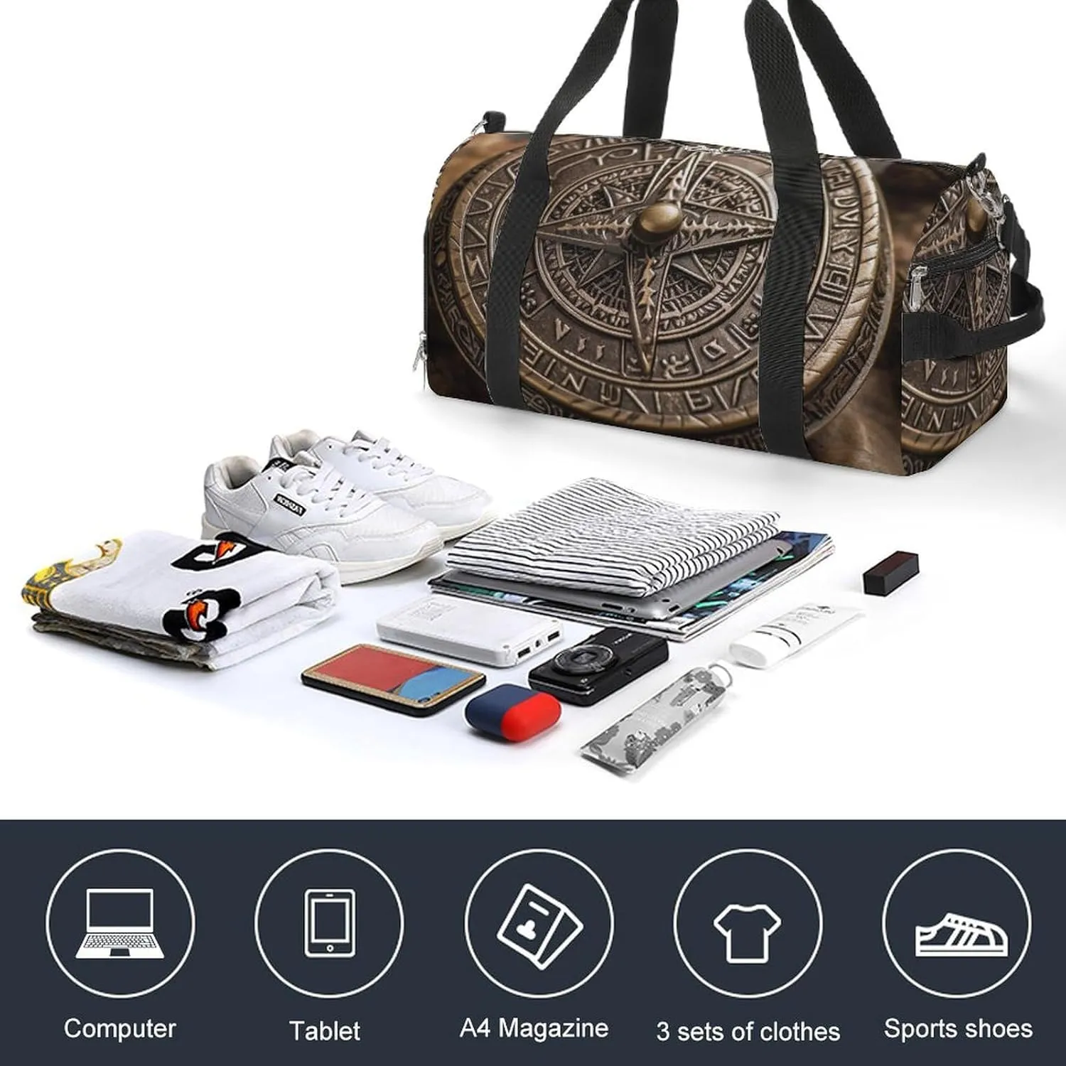 Gym Bag Magical Norse Runes Compass Duffel Bag for Men Women Overnight Bag with Shoe Compartment Workout Bags