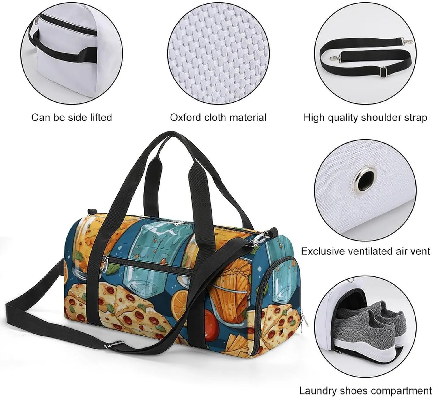 Gym Bag Movie Night Party Food Decorative Duffel Bag for Men Women Overnight Bag with Shoe Compartment Workout Bags