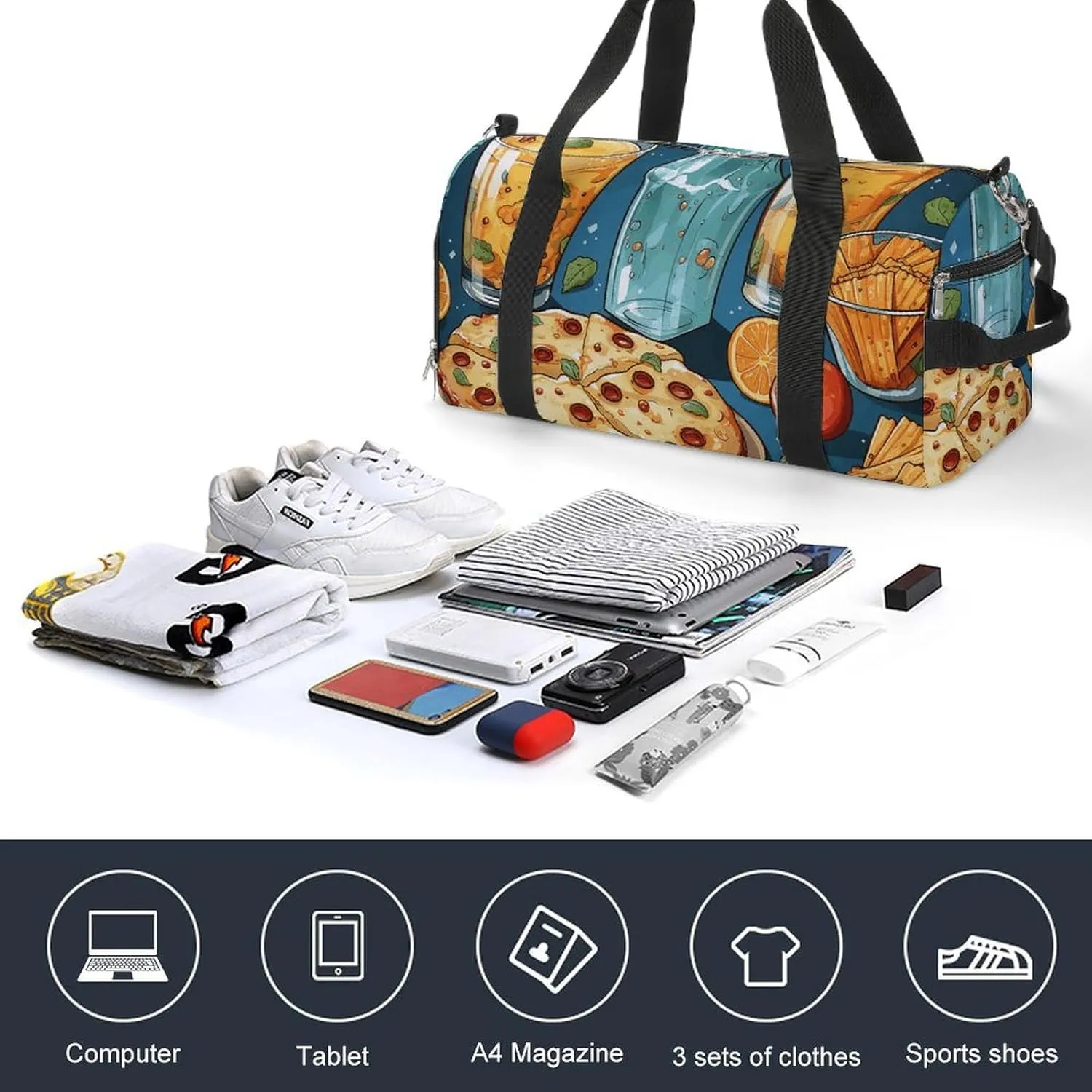 Gym Bag Movie Night Party Food Decorative Duffel Bag for Men Women Overnight Bag with Shoe Compartment Workout Bags