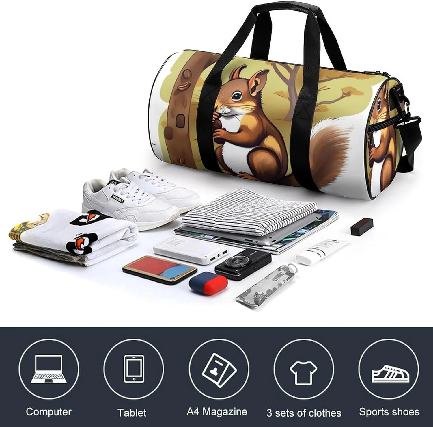 Gym Bag Nut Eating Animal Duffel Bag for Men Women Overnight Bag with Shoe Compartment Workout Bags