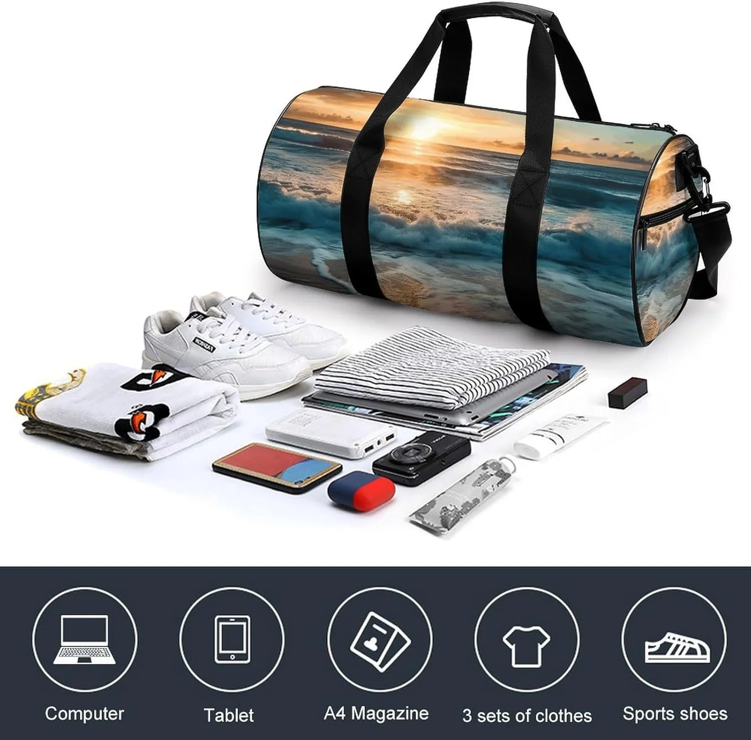 Gym Bag Ocean Sunrise Duffel Bag for Men Women Overnight Bag with Shoe Compartment Workout Bags