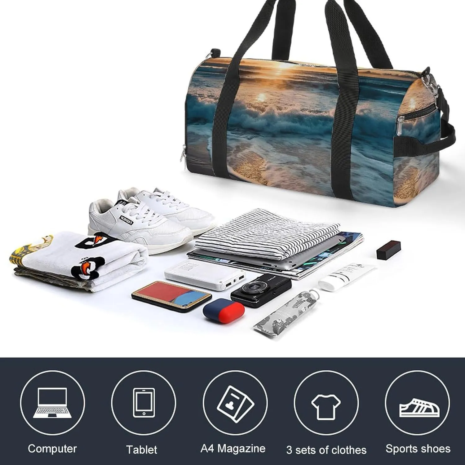 Gym Bag Ocean Sunrise Duffel Bag for Men Women Overnight Bag with Shoe Compartment Workout Bags