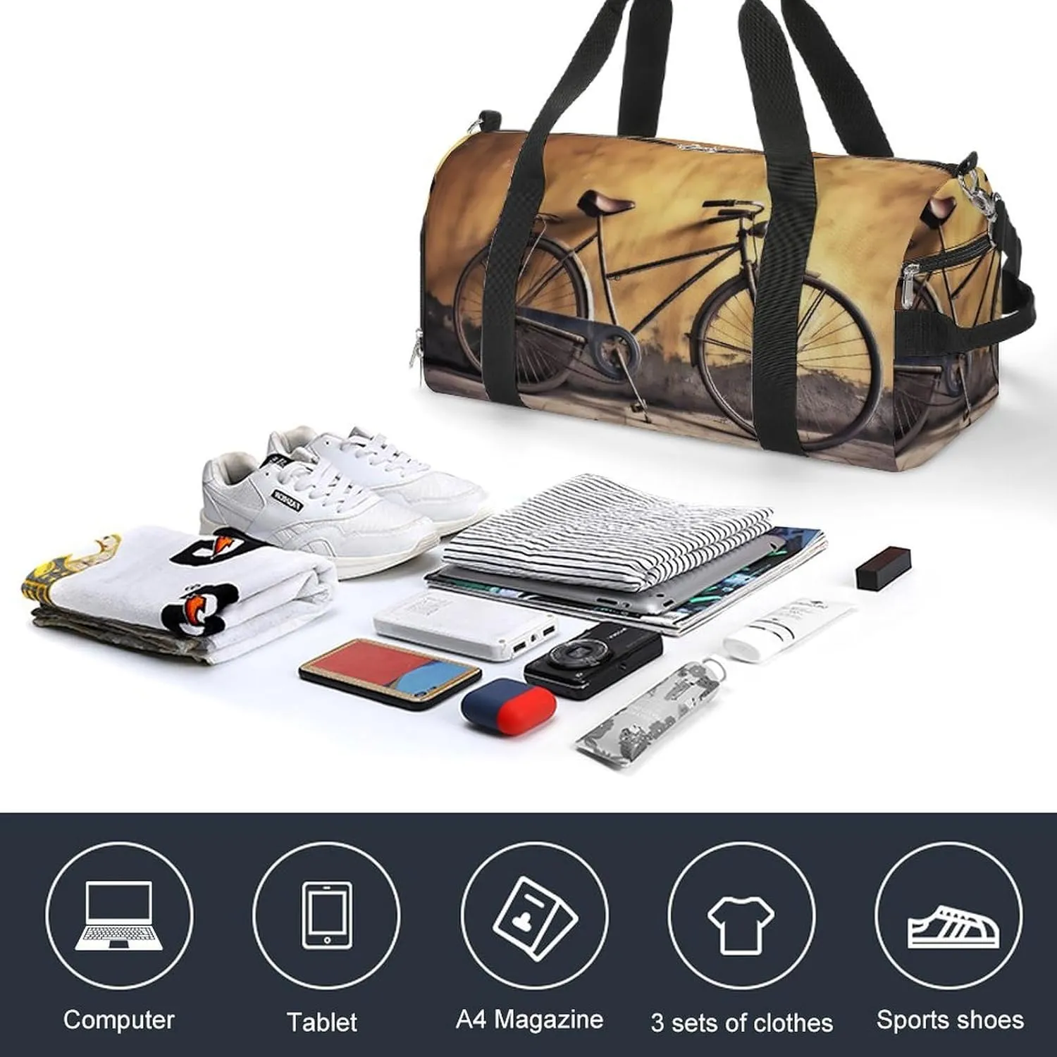 Gym Bag Old Bicycle Duffel Bag for Men Women Overnight Bag with Shoe Compartment Workout Bags