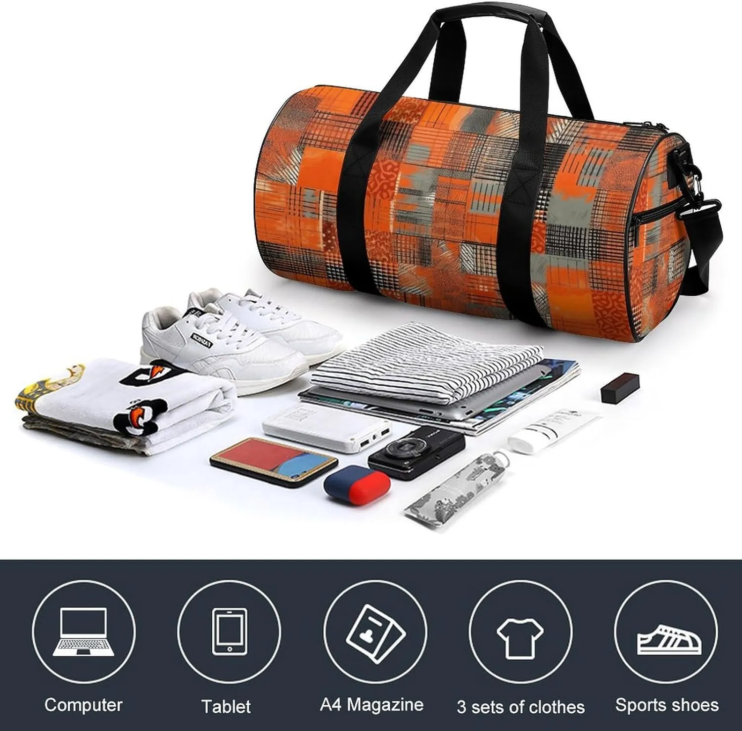 Gym Bag Orange Grid Lines Duffel Bag for Men Women Overnight Bag with Shoe Compartment Workout Bags