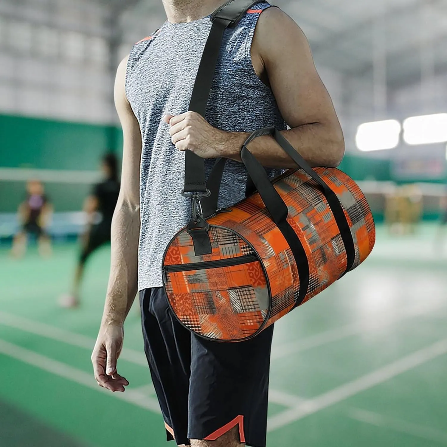 Gym Bag Orange Grid Lines Duffel Bag for Men Women Overnight Bag with Shoe Compartment Workout Bags