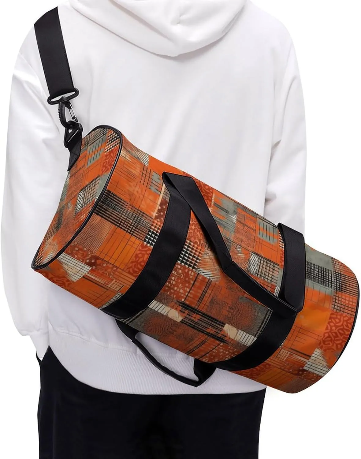 Gym Bag Orange Grid Lines Duffel Bag for Men Women Overnight Bag with Shoe Compartment Workout Bags