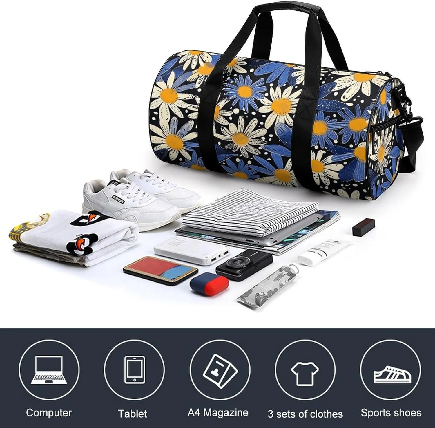 Gym Bag Pictures with Daisies Duffel Bag for Men Women Overnight Bag with Shoe Compartment Workout Bags