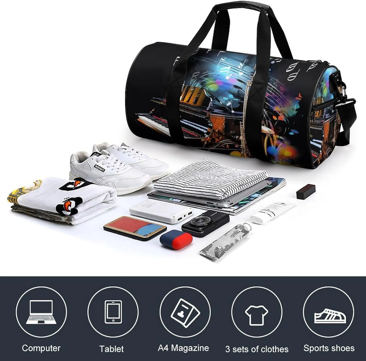 Gym Bag Saxophone And Piano Duffel Bag for Men Women Overnight Bag with Shoe Compartment Workout Bags